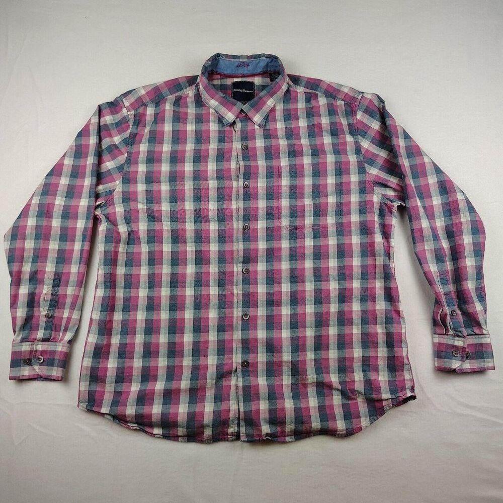 Tommy Bahama Purple Blue Plaid Button Up Long Sleeve Shirt Sz XL